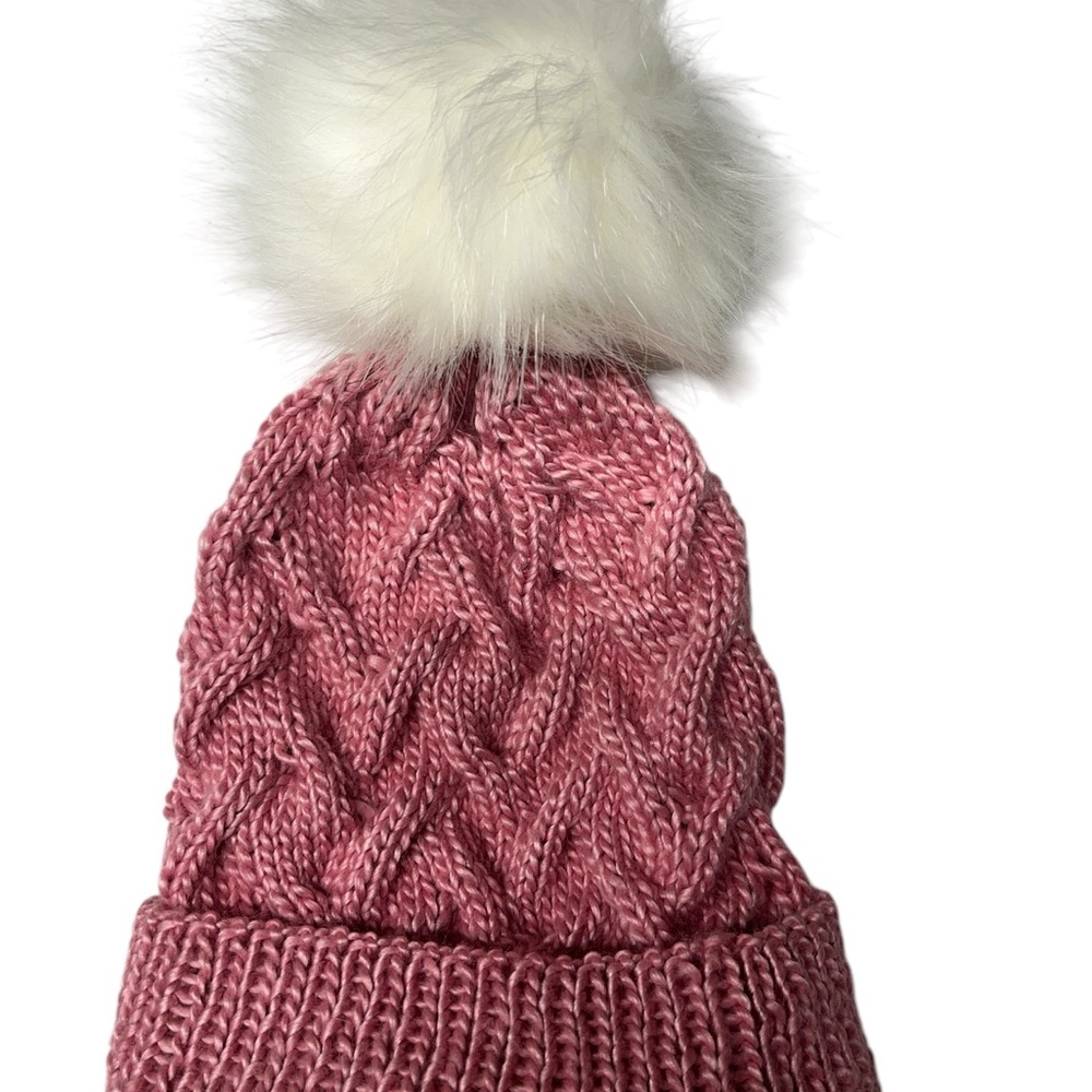 Chic Pink Cable Knit Beanie with White Pom